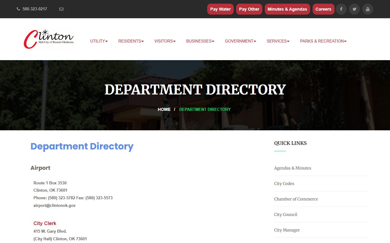 Clinton Oklahoma phone directory department directory page