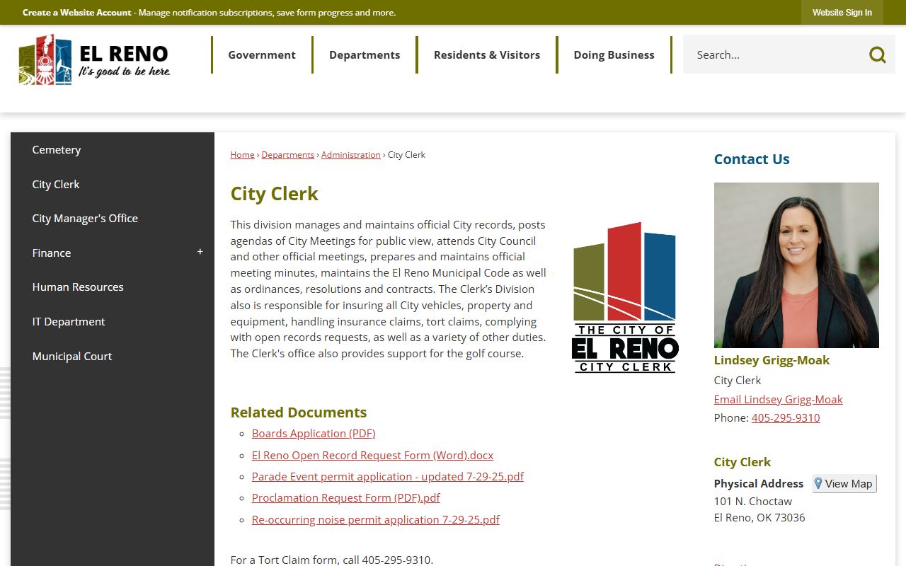 El Reno Oklahoma phone directory city clerk page