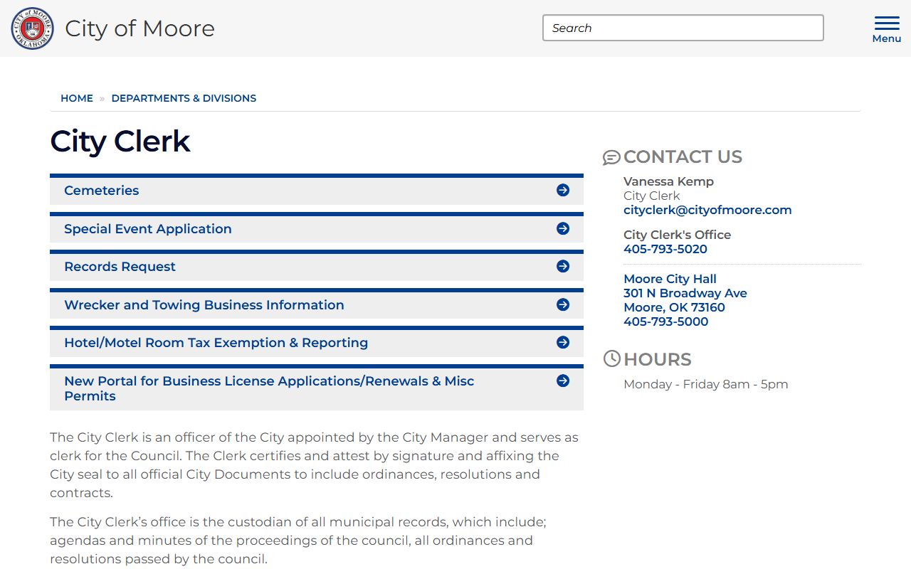 Moore Oklahoma phone directory city clerk page