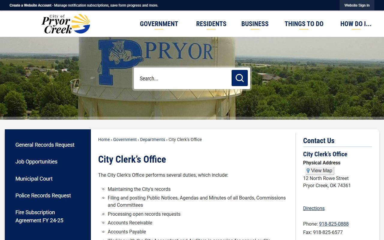 Pryor Creek Oklahoma phone directory city clerk office