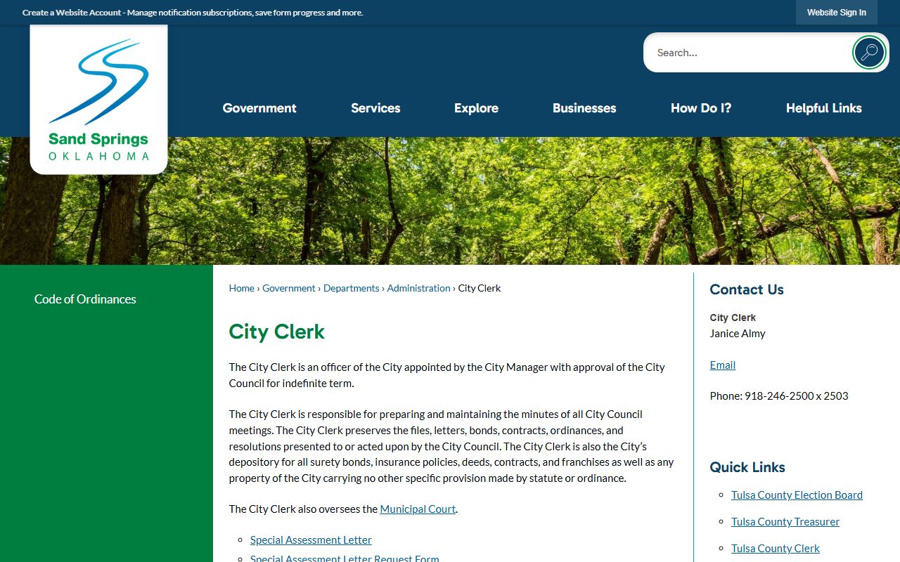 Sand Springs Oklahoma phone directory city clerk page