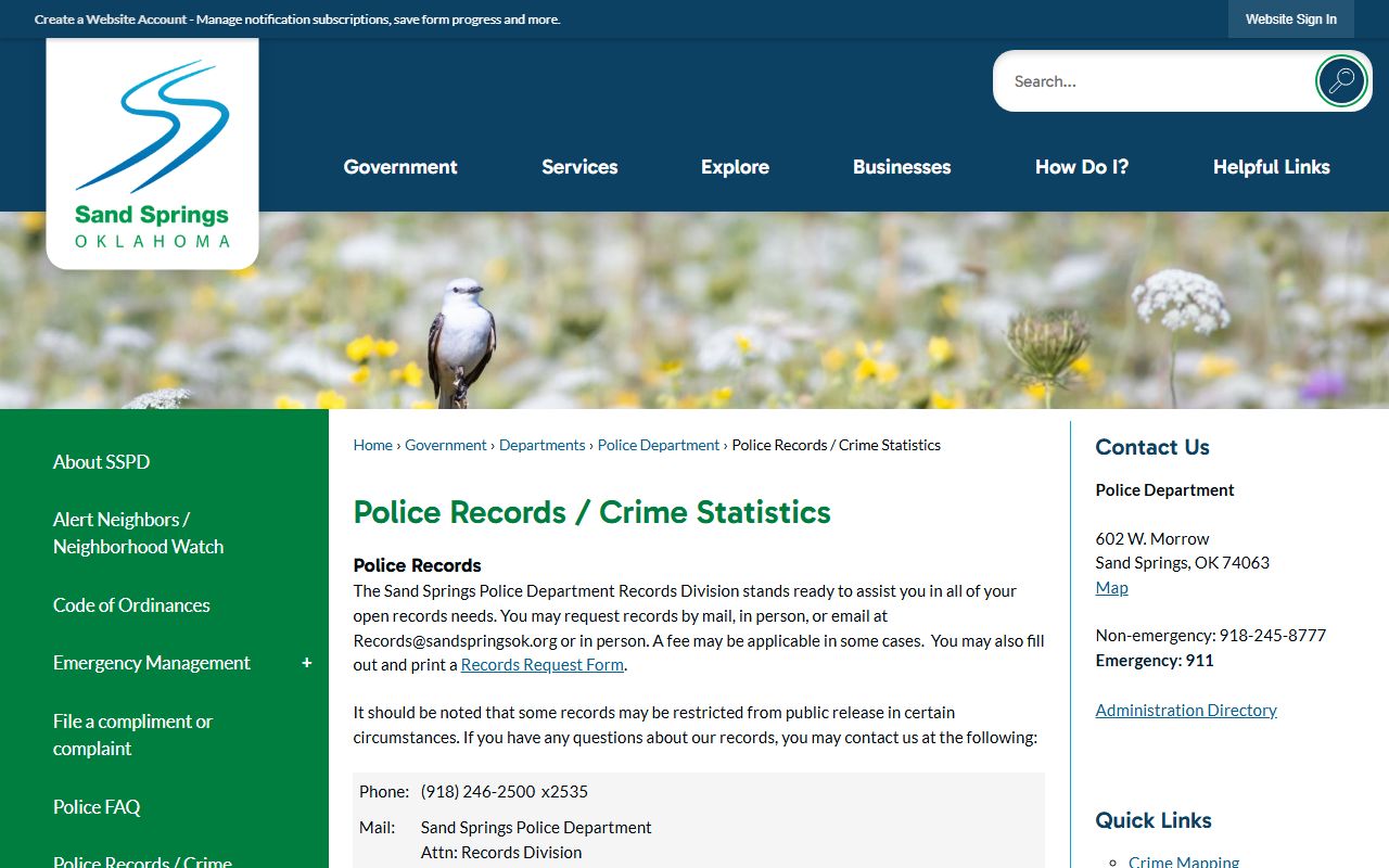 Sand Springs Oklahoma phone directory police records page