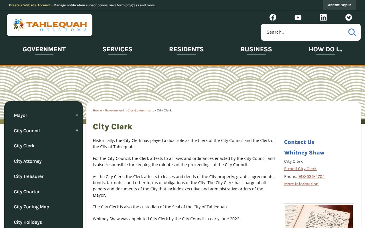 Tahlequah Oklahoma phone directory city clerk office