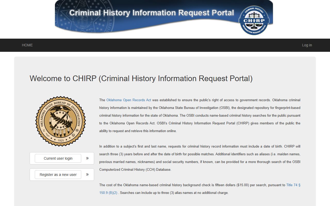 Oklahoma phone directory CHIRP criminal history search portal
