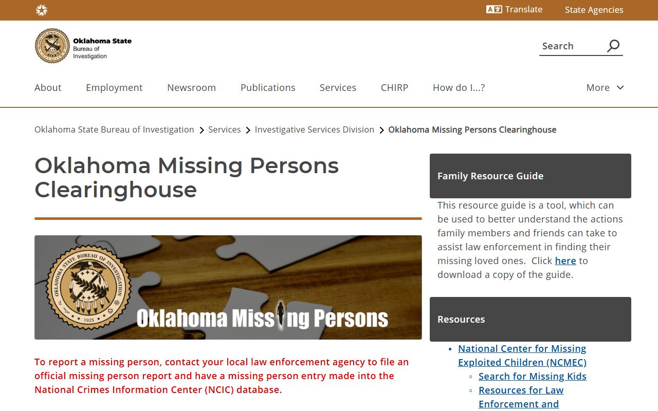Oklahoma phone directory Missing Persons Clearinghouse