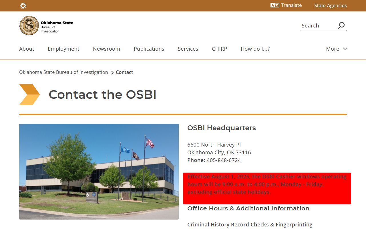 Oklahoma phone directory OSBI contact information page
